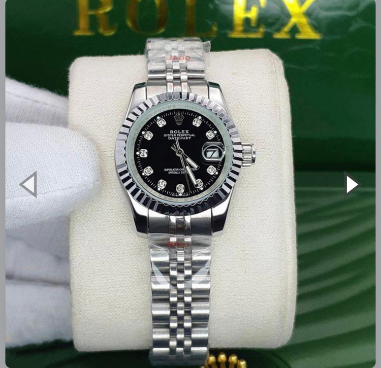 ساعت رولکس زنانه سیلور ساده و نگین دارRolex date-just -صفحه مشکی/سفید-HA
