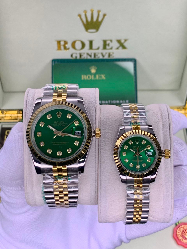 ساعت رولکس مردانه دورنگ سیلور طلایی نگین دارRolex date-just -صفحه سبزسلطنتی-HA
