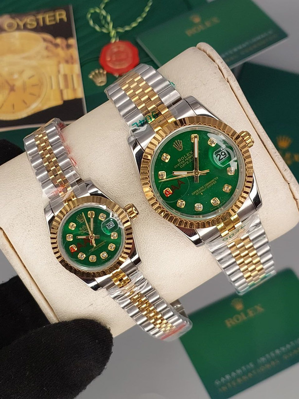 ساعت رولکس زنانه دورنگ سیلور طلایی نگین دارRolex date-just -صفحه سبزسلطنتی-HA