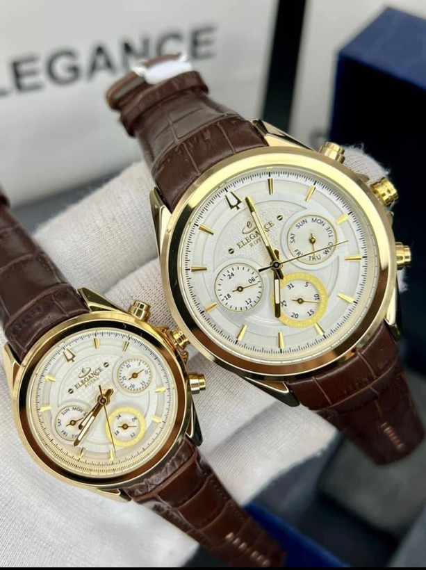 ساعت ست الگانس رویال Elegance royal با بند چرمی و موتور ژاپن-قاب گلد