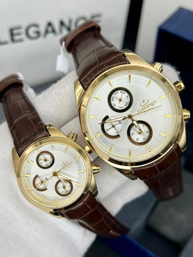 ساعت ست الگانس رویال Elegance royal با بند چرمی و موتور ژاپن-قاب گلد